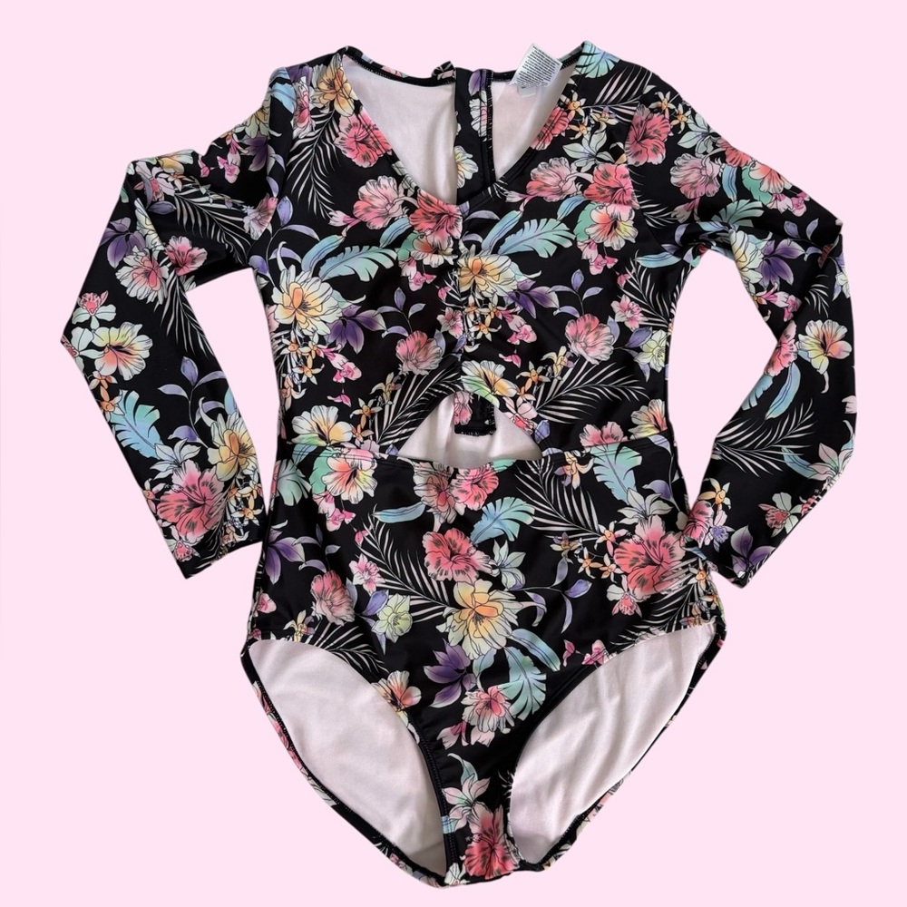 Art Class Floral Kids Swim One Piece‎ - Black
